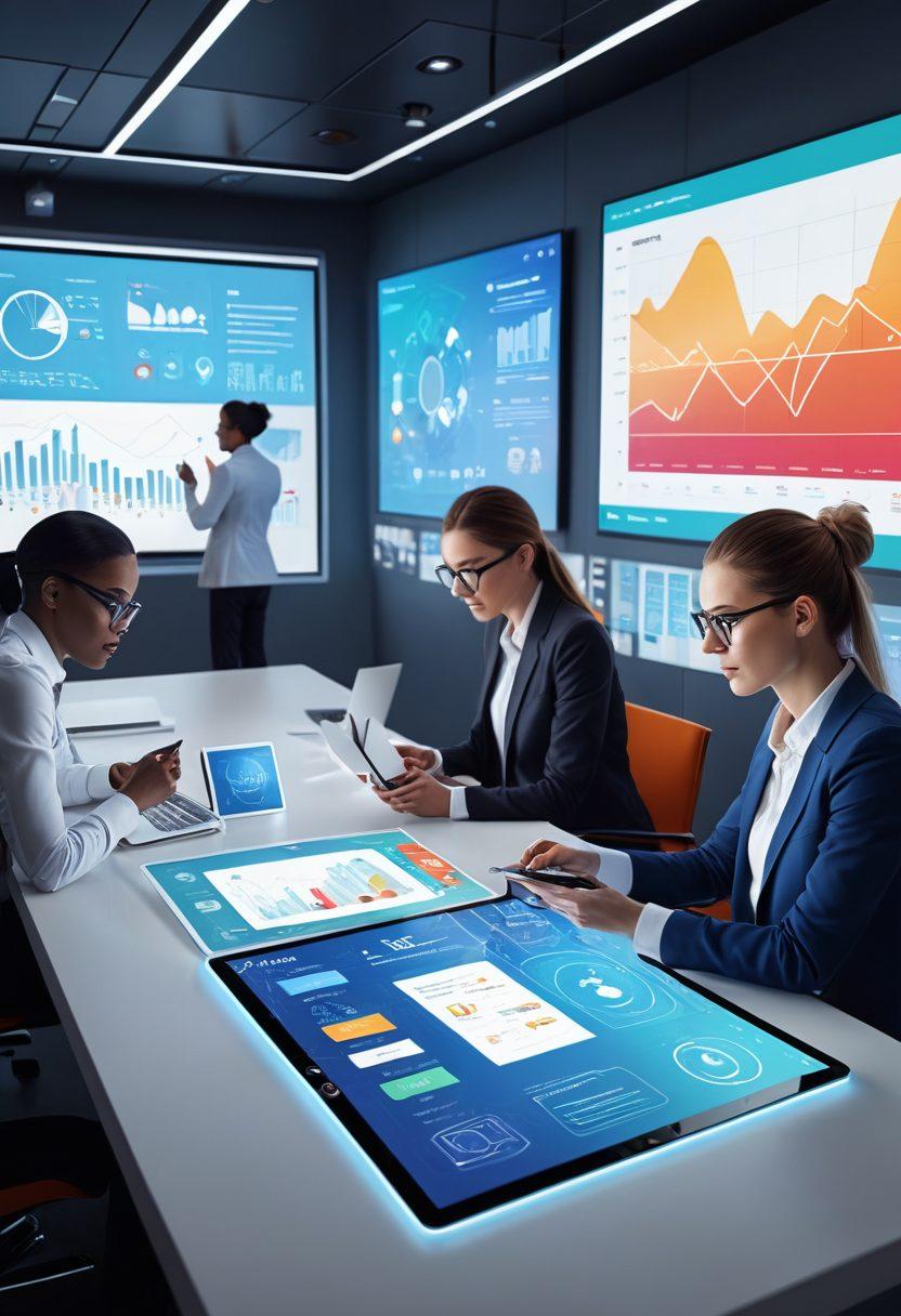 A futuristic workspace featuring a diverse group of professionals utilizing various digital tools such as tablets, laptops, and smart displays. Showcase vibrant graphs and productivity charts in the background, along with floating icons representing popular apps for efficiency. The environment should exude a sense of collaboration and innovation, with bright colors and sleek, modern design elements. super-realistic. vibrant colors. 3D.