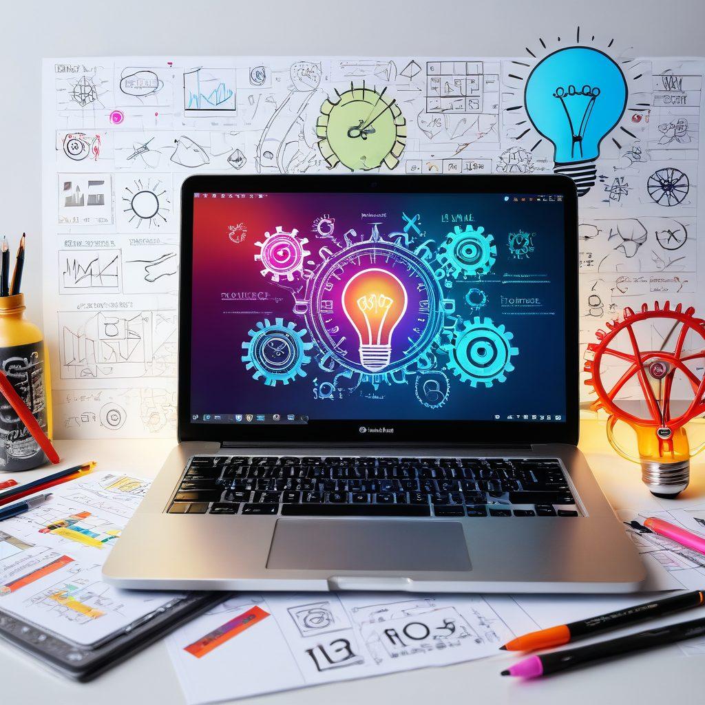 A visually engaging collage featuring a laptop with open tutorials, notes scattered around, and charts showcasing productivity apps. In the background, a light bulb symbolizes innovative digital solutions while gears represent technology. The color scheme should be vibrant and modern, enhancing a sense of inspiration and focus. super-realistic. vibrant colors. white background.