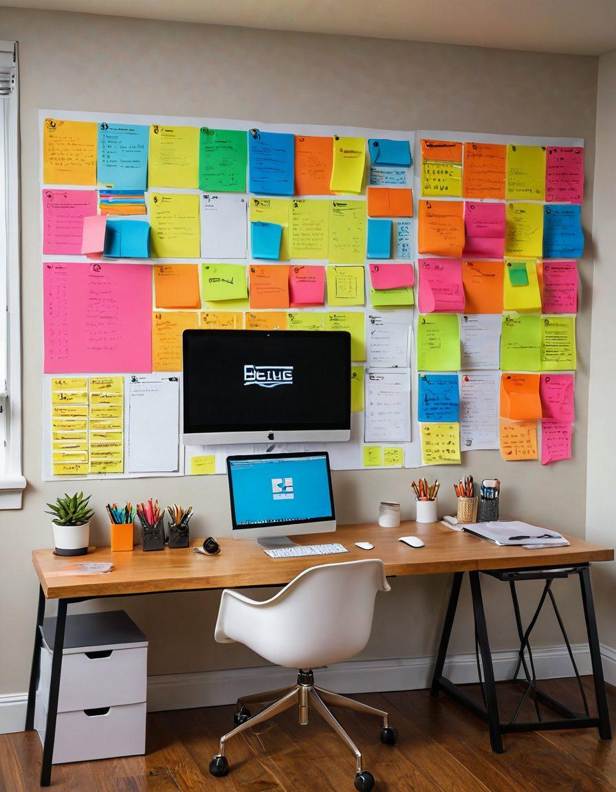 A sleek workspace filled with various efficiency tools like a planner, digital device, and software interface on screens, illustrating productivity. The scene should radiate a sense of organized chaos, with colorful post-it notes and charts around. Include a clock showing optimal time management, with sunlight streaming in for vibrance. super-realistic. bright colors. minimalistic background.